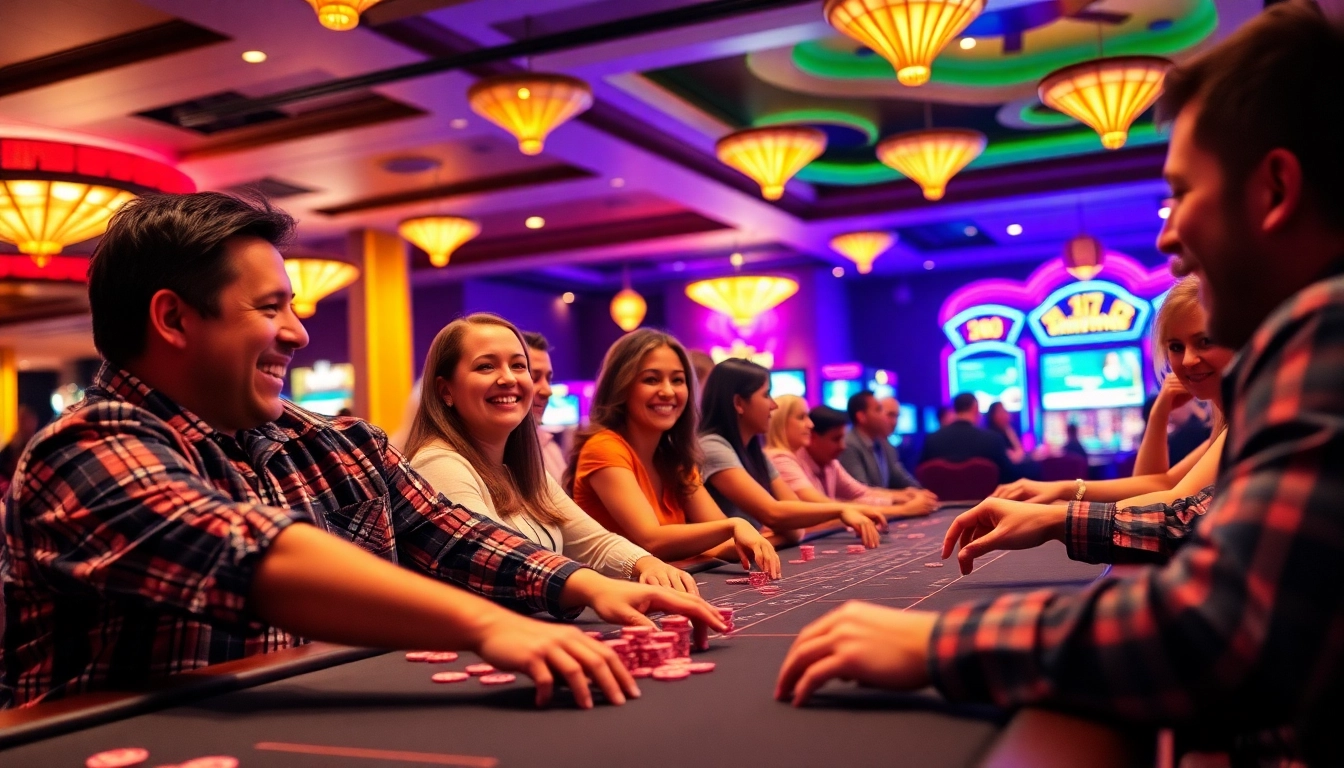 Players earn money at a casino table, celebrating wins with colorful chips displayed prominently.