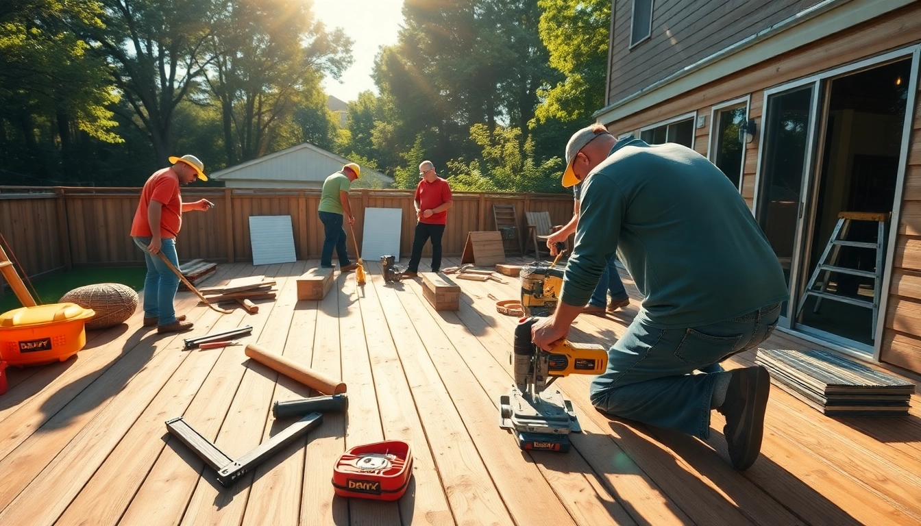 Builders engaged in deck construction using tools on a sunny backyard, showcasing craftsmanship and teamwork.