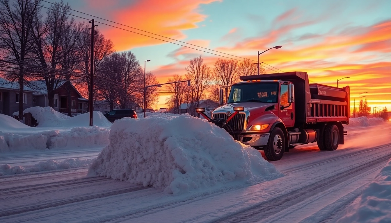 Efficient snow plowing in action, showcasing a bright orange plow truck clearing freshly fallen snow from a residential street.