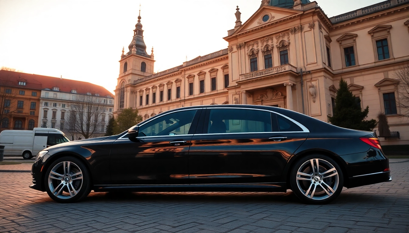 Experience luxury private car service Prague with this elegant black sedan outside a historic site.