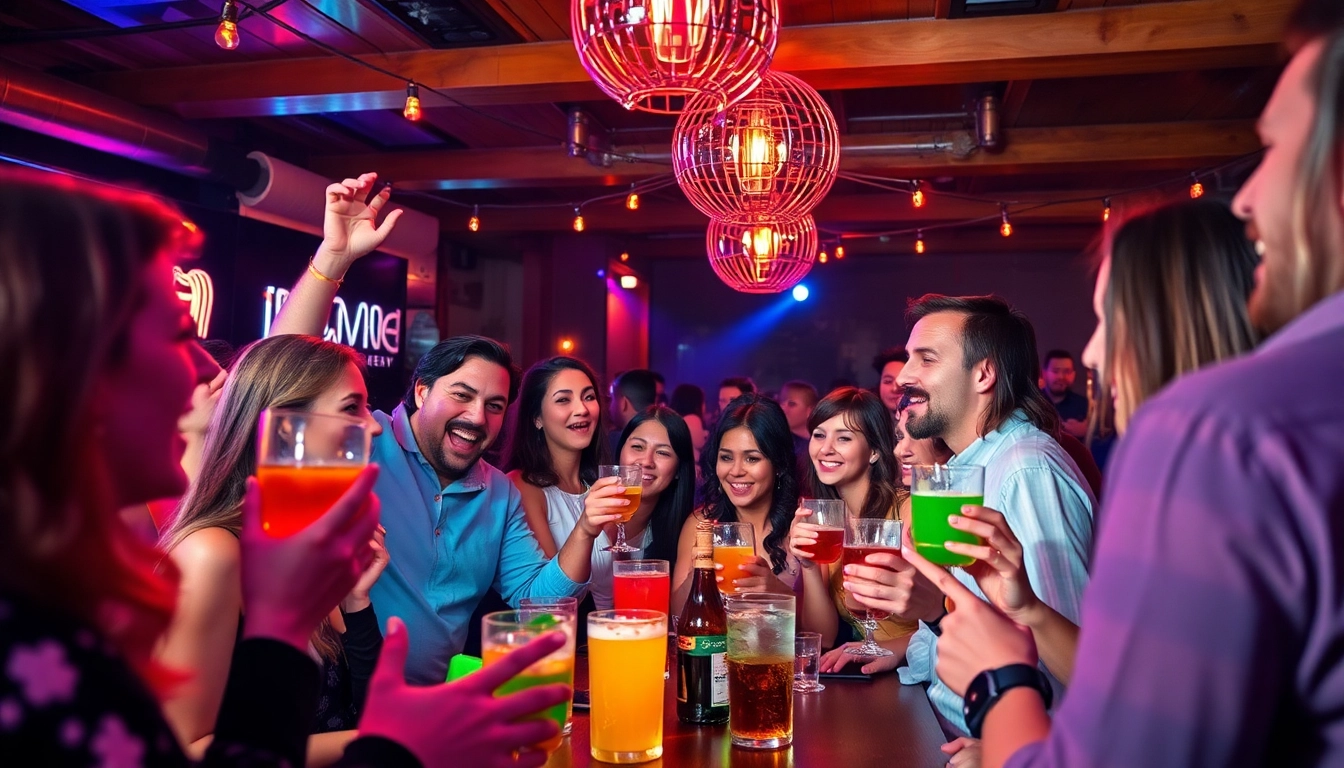 Guests enjoying an afterwork party in Berlin with colorful cocktails and a festive atmosphere.