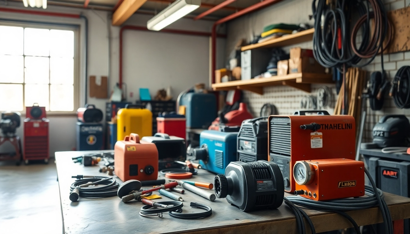 Explore diverse welding supplies near me, featuring an organized workbench with tools and equipment.