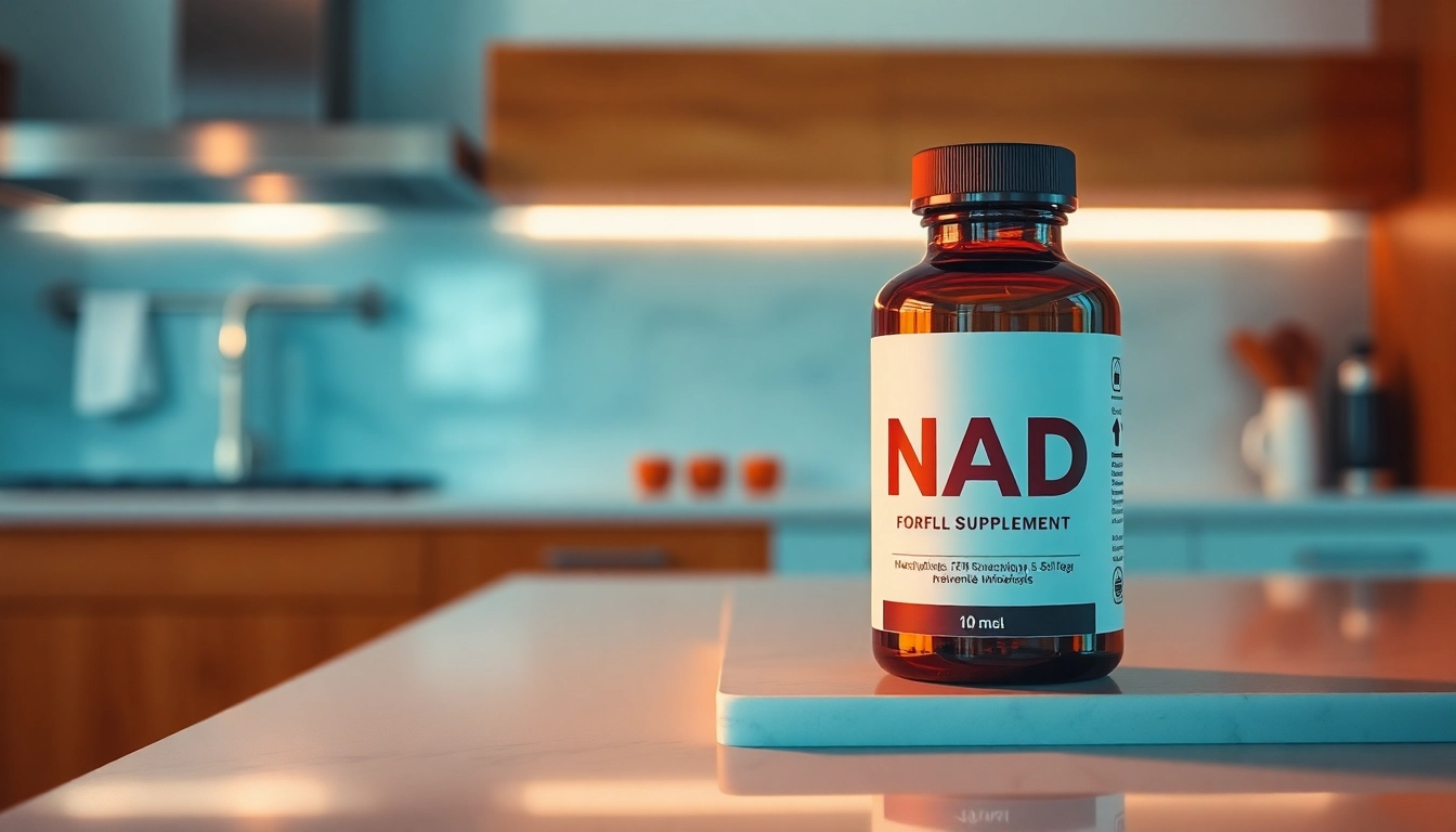 Enhance energy with NAD Supplement bottle set against a health-focused kitchen backdrop.