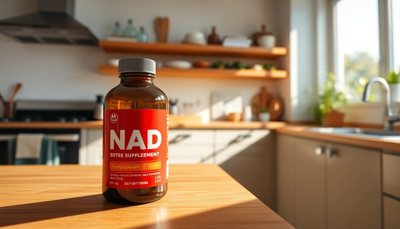 Showcase a bottle of NAD Supplement on a kitchen counter, highlighting its health benefits.