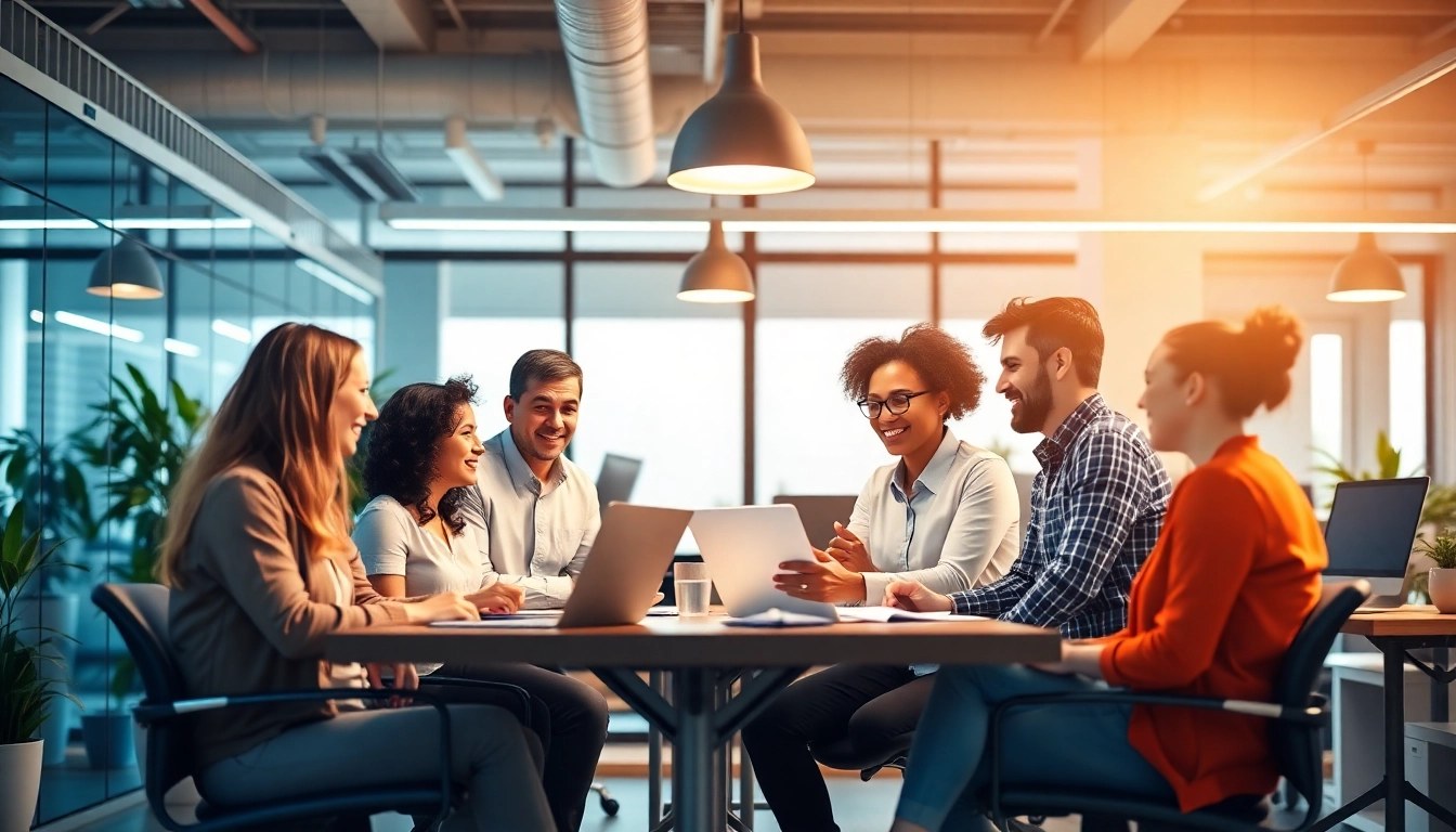 Business professionals discussing outsourcing solutions in a vibrant office space.