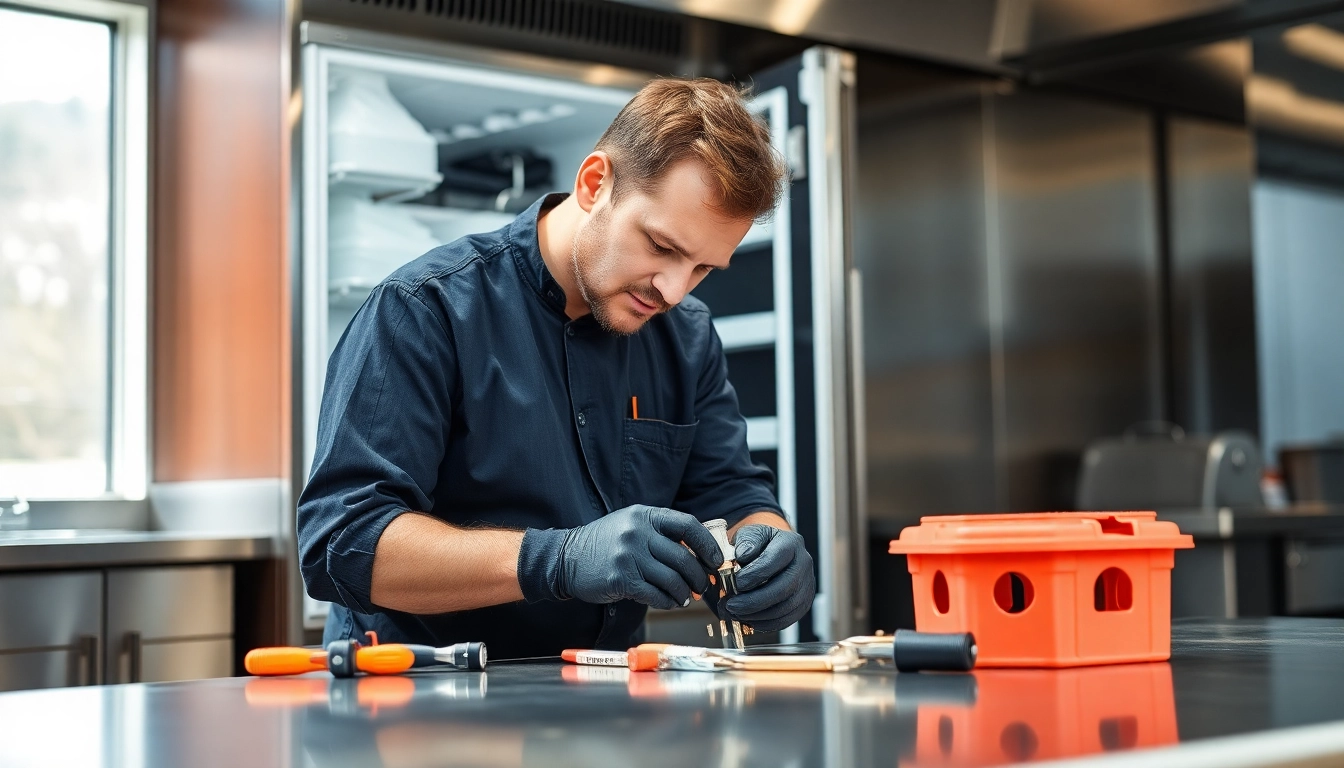 Technician performing chef base repair with tools and replacement parts in a clean commercial kitchen.