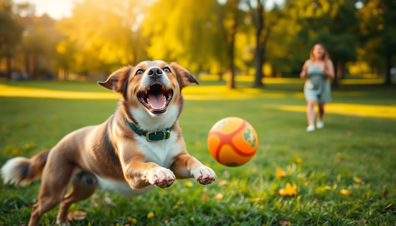 Engaging playtime at Kate's K9 Pet Care with a dog retrieving a ball in a sunny park.