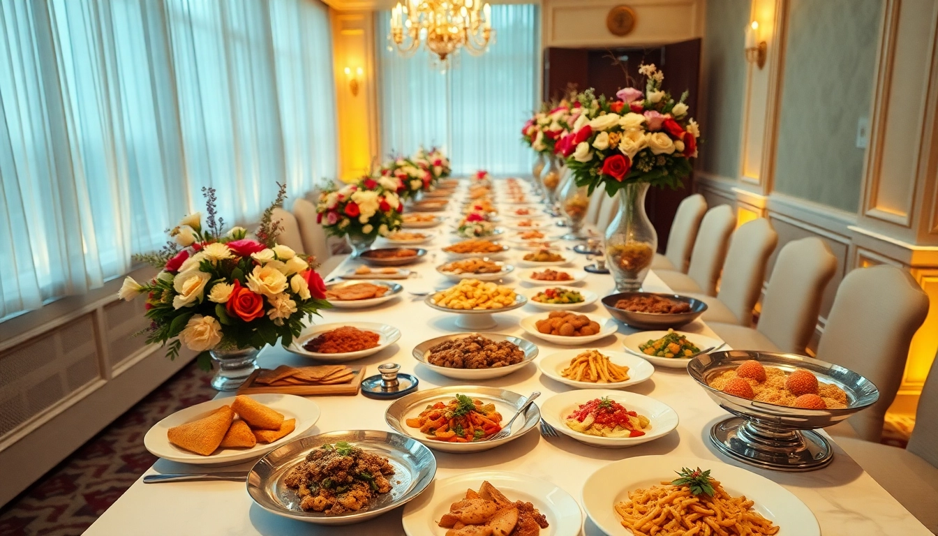 Beautifully arranged dining table showcasing Partyservice Berlin's exquisite catering options with lush centerpieces.