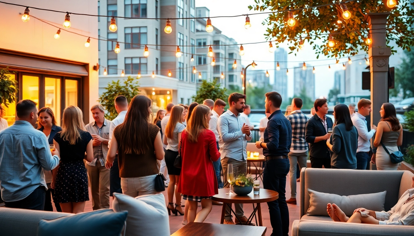 Host a unique event at an after-work party, showcasing guests interacting in a vibrant urban setting.