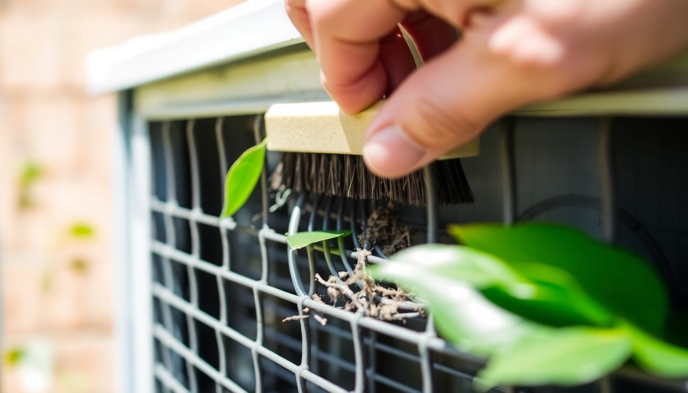 Cleaning air conditioner condenser coils effectively with a brush in natural light, showcasing intricate details of the coil.