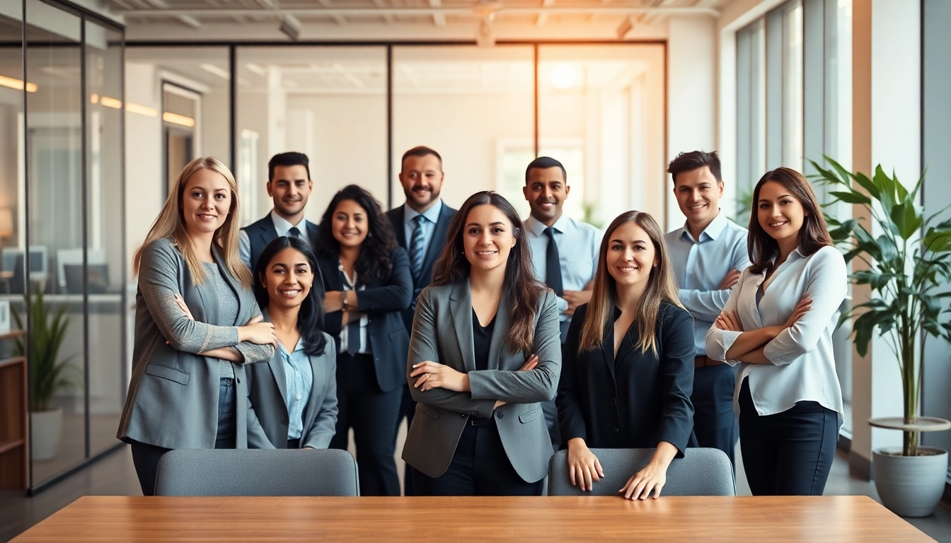 Professionals showcasing company headshots in a vibrant office setting, emphasizing brand identity.