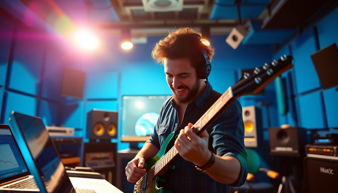 Enhance your Online Presence with a musician showcasing their skills in a vibrant studio.