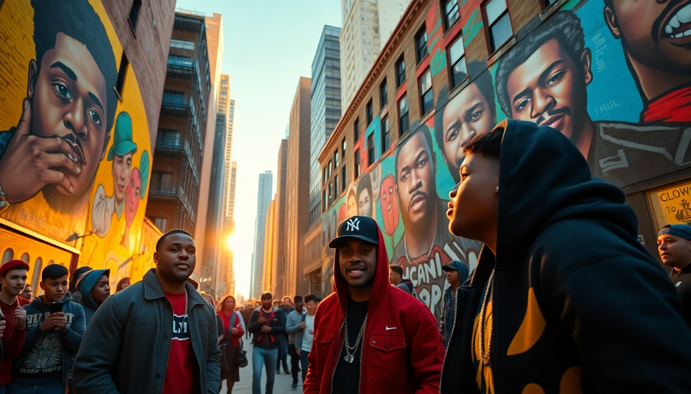 Showcasing rap culture in Chicago, young artists perform in a vibrant street scene full of murals.