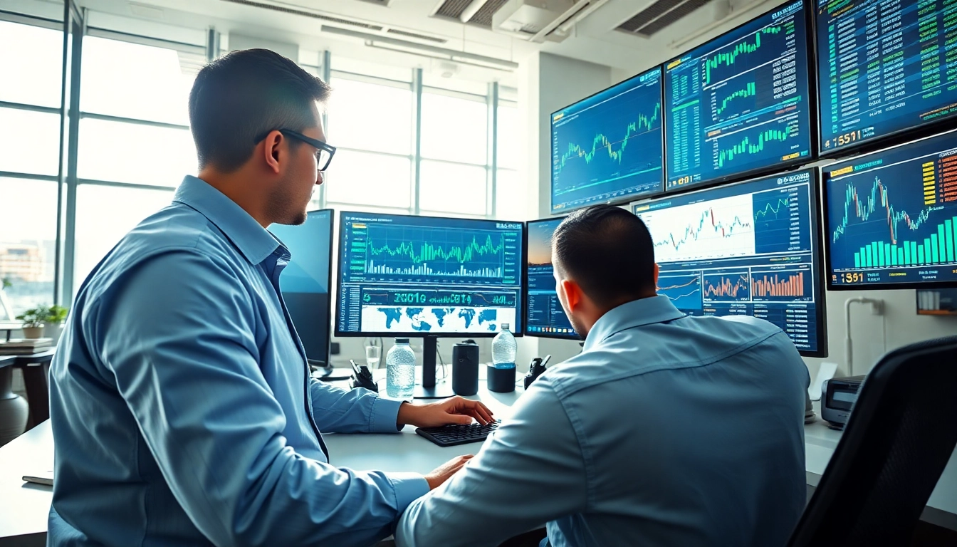 Engaged trader evaluating trade futures in a modern office filled with analytics.