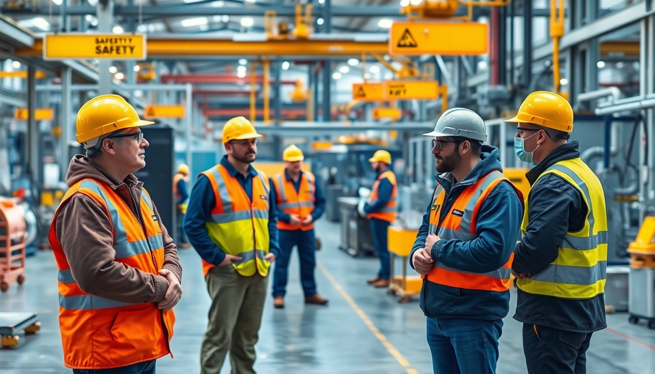 Workers utilizing industrial safety solutions with safety gear in a well-equipped factory.