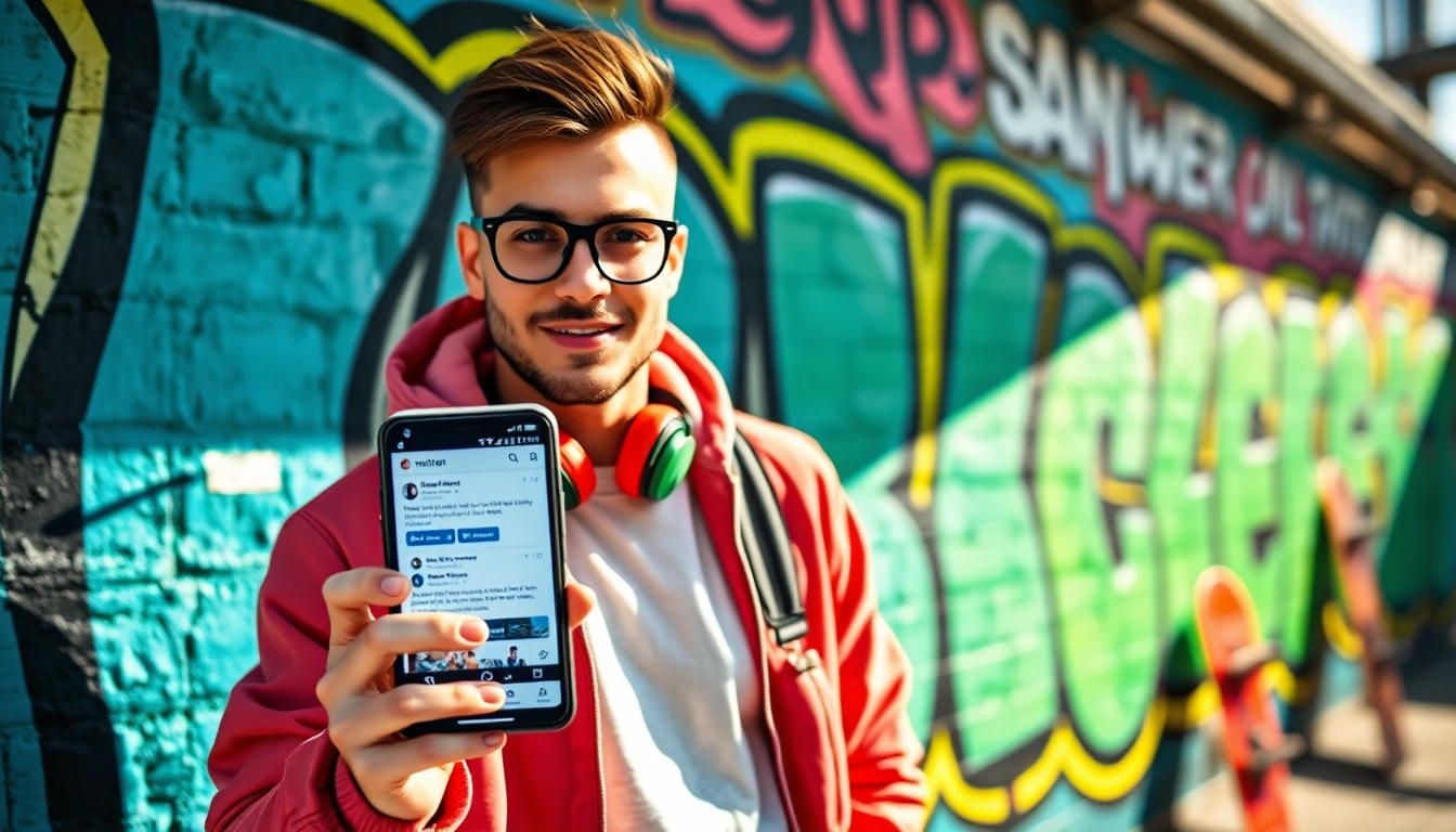 Experience the dynamic world of based chad Twitter with an influencer amidst vibrant street art.