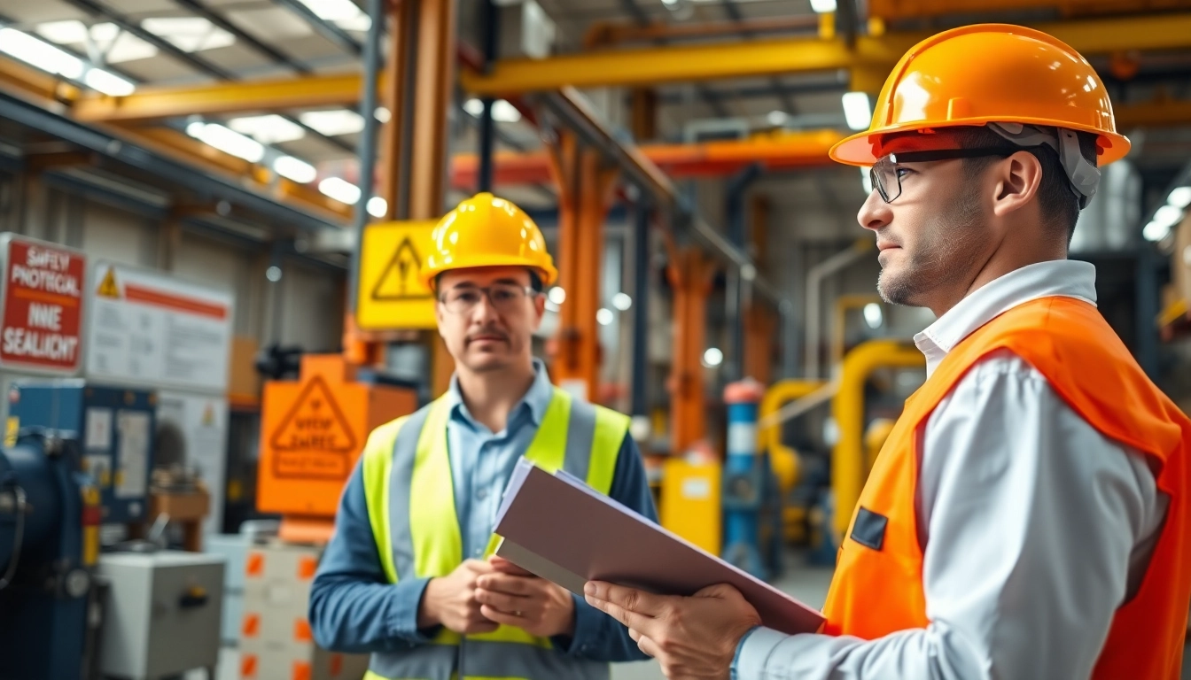 St. George Industrial Safety Consultant evaluating safety measures in a manufacturing setting with compliance signage.