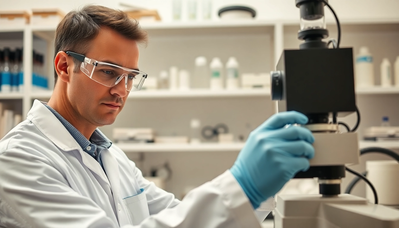 Industrial Hygiene Services expert analyzing air samples with precision equipment in a laboratory setting.
