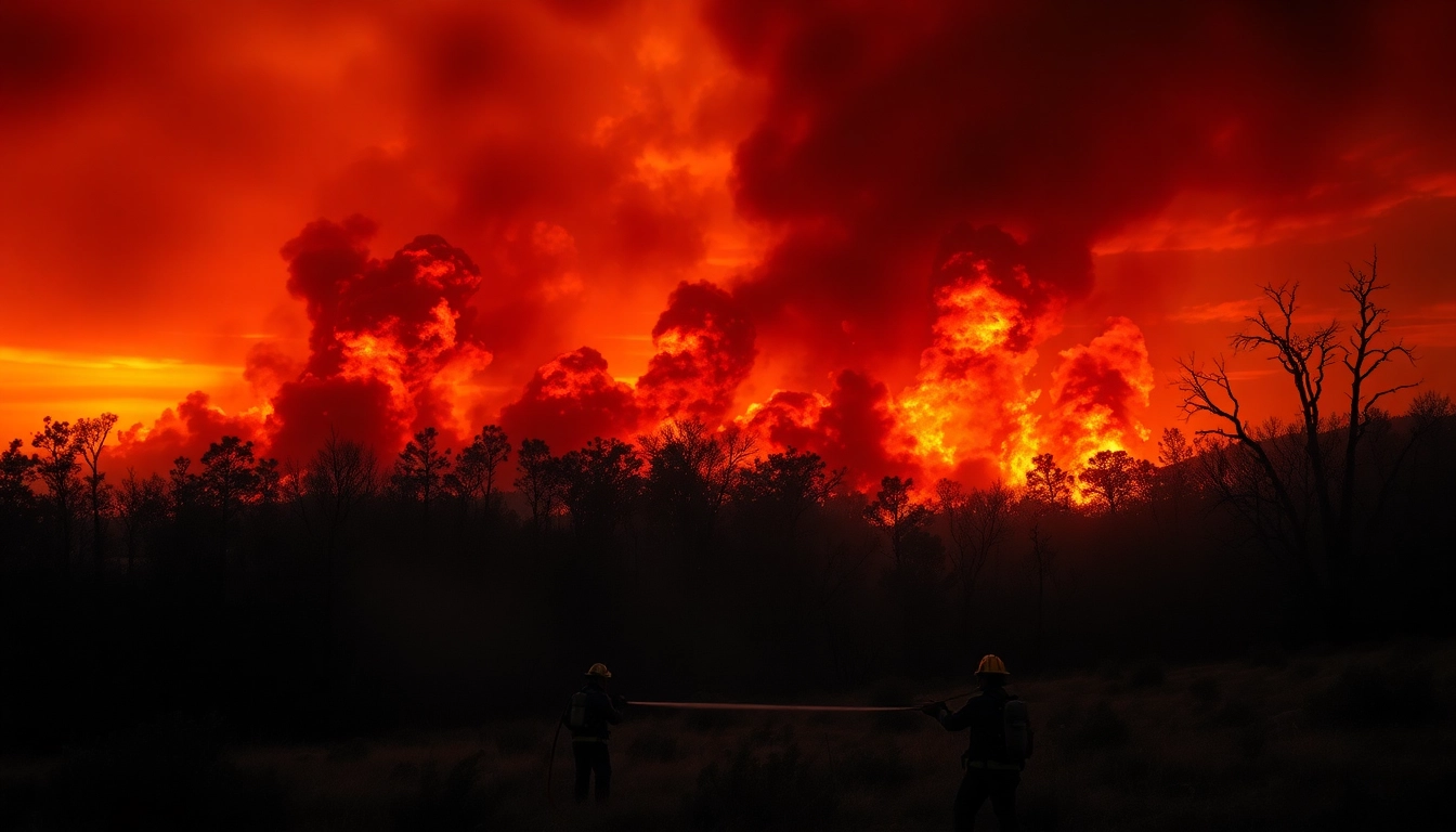 Firefighters combating raging wildfire events amidst smoke and flames.