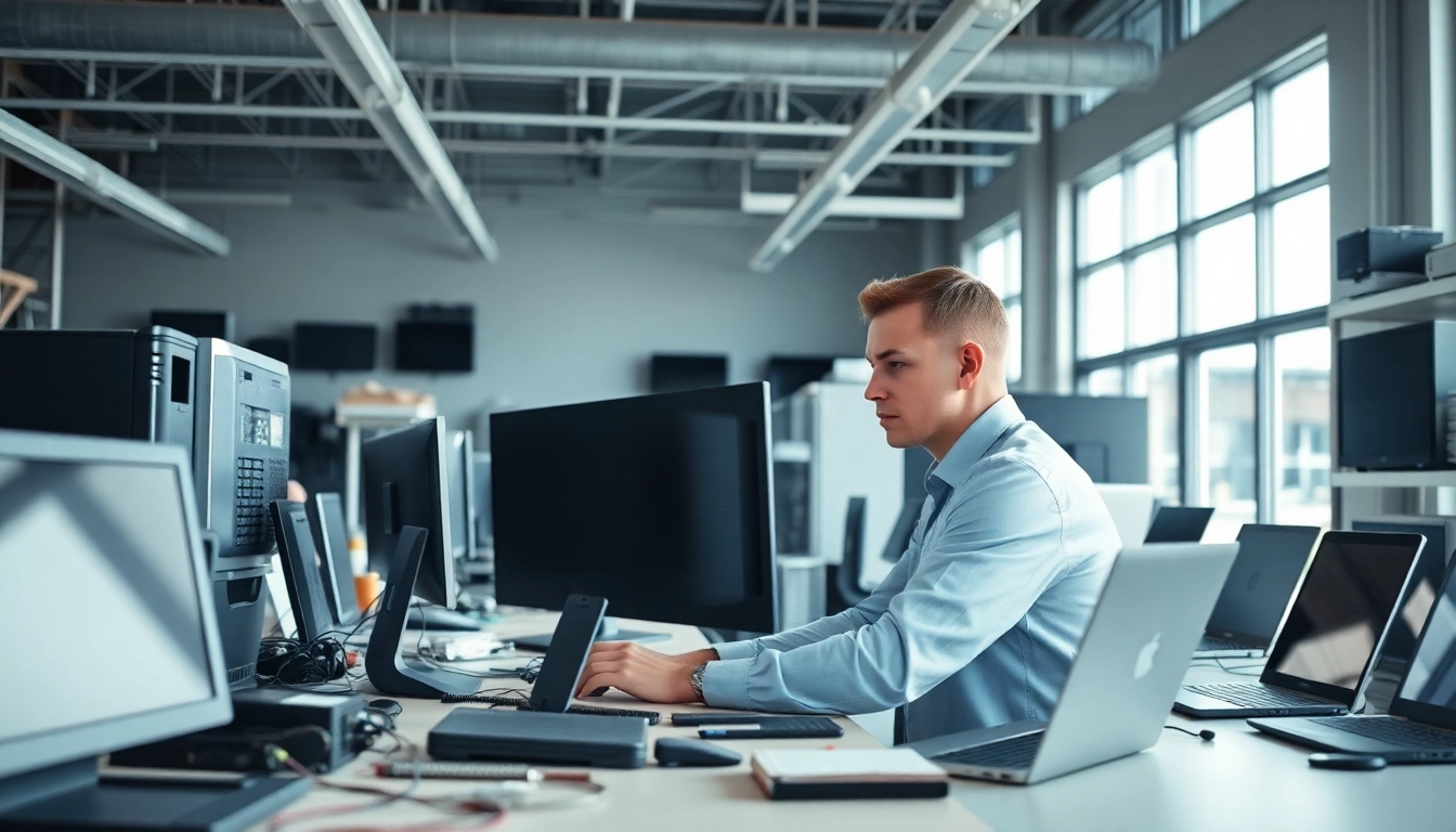 Riparazione computer torino: tecnico informatico al lavoro in un laboratorio moderno.