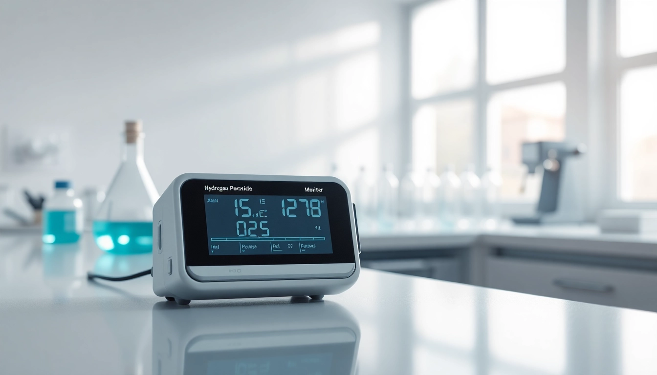 Monitor displays hydrogen peroxide levels in a bright, professional laboratory setting.