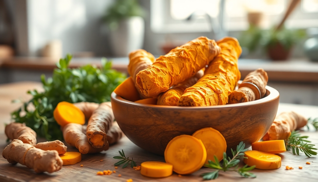 Turmeric Root displayed in a rustic bowl, showcasing its vibrant color and texture.