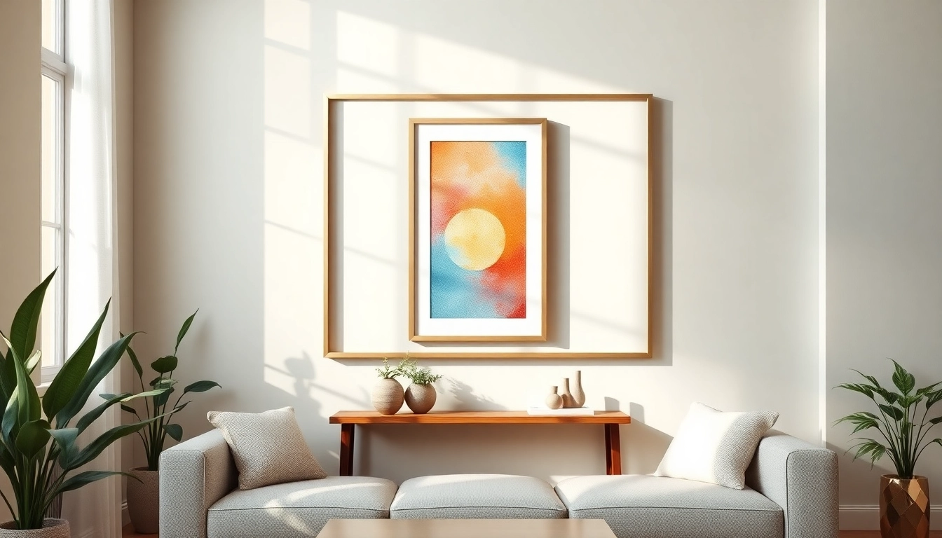 Display an elegant 20x30 frame featuring vibrant artwork in a serene gallery setting