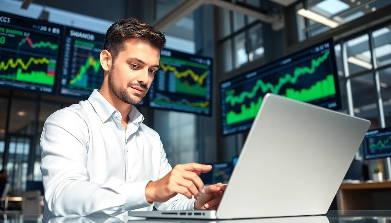 Engaged trader examining charts related to trade futures in a modern office setting.