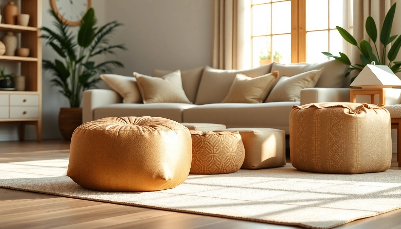 Cactus silk Poufs elegantly arranged in a cozy living room, radiating warm earthy tones and inviting comfort.