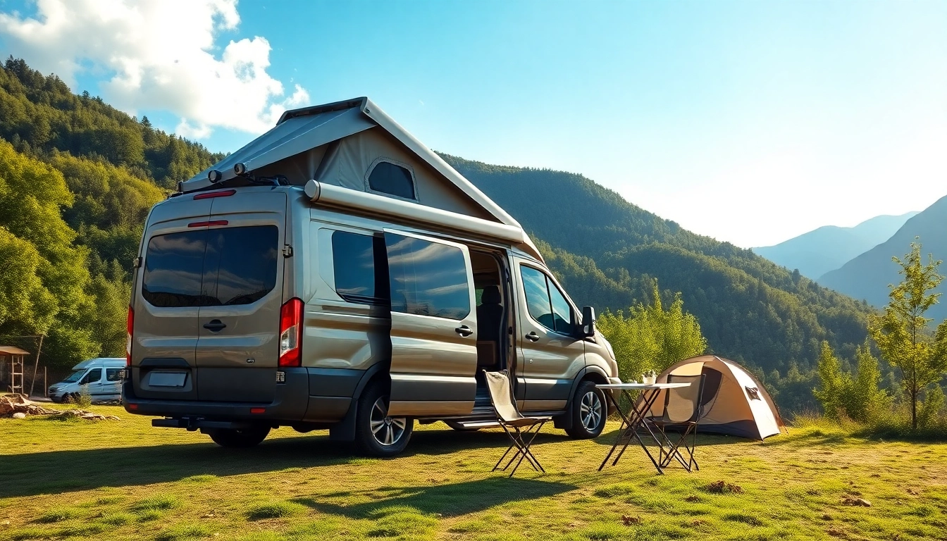 Experience the perfect campervan parked amidst nature, showcasing its inviting outdoor setup.