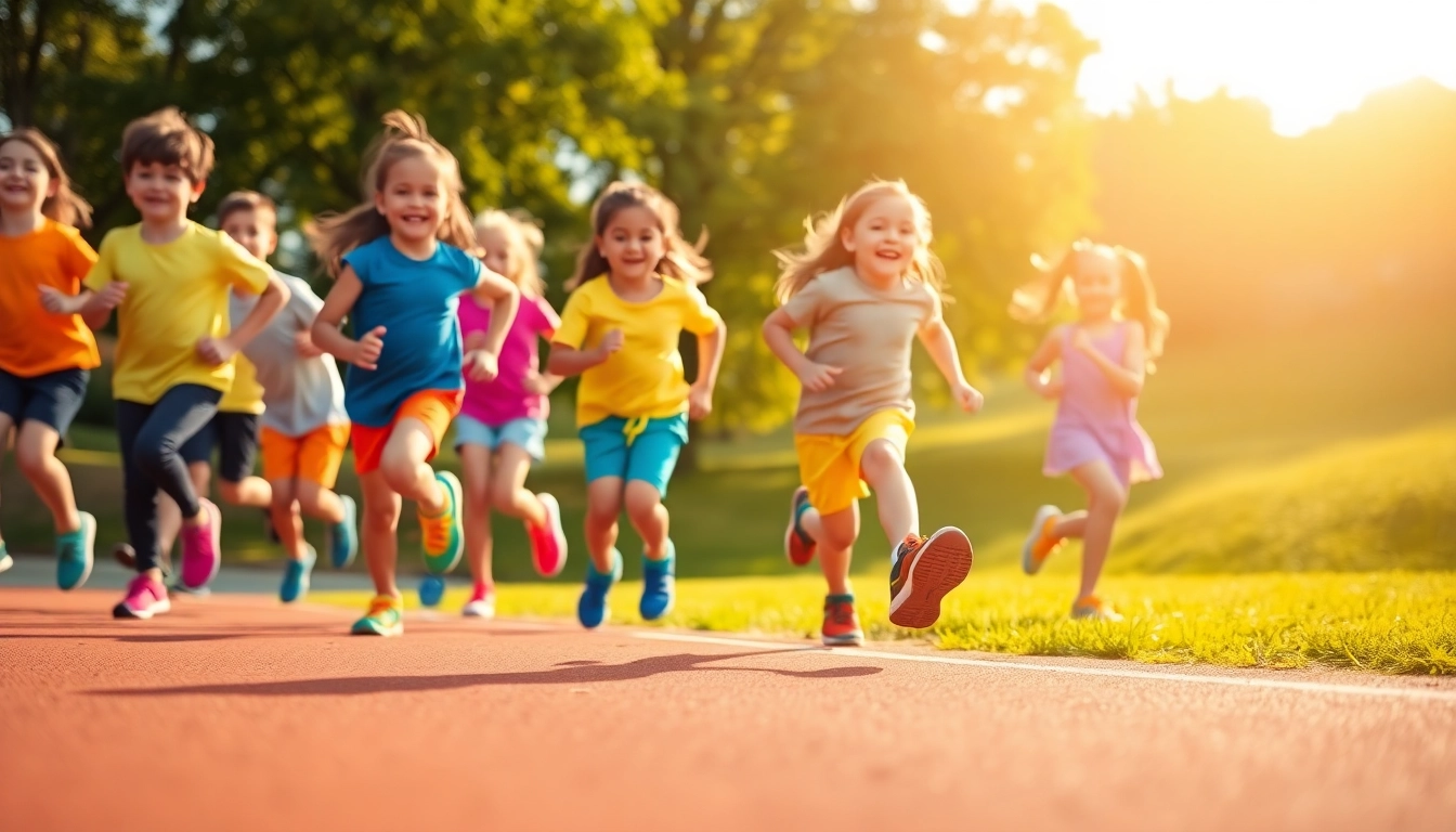Laufschuhe für Kinder - Aktive Kinder in bunten Laufschuhen bei fröhlichem Spiel im Park.