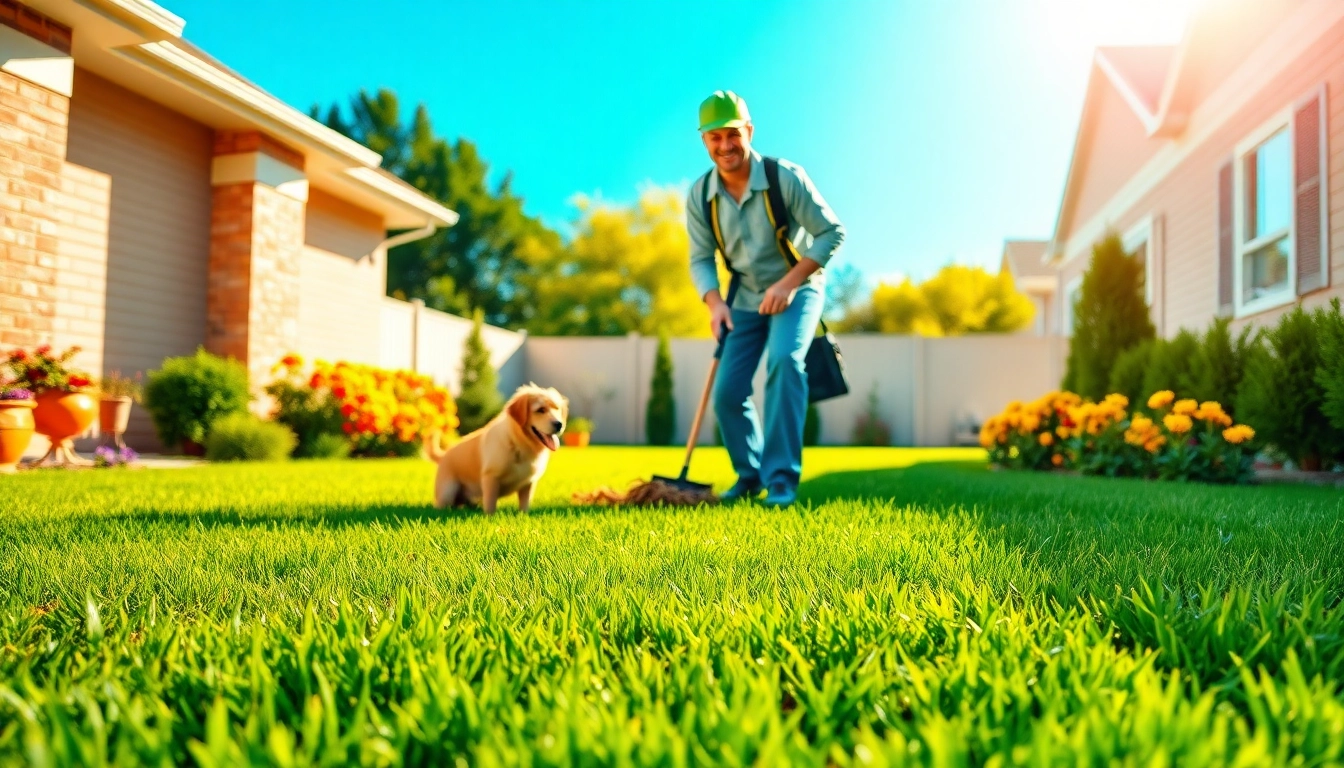 Dog poop cleaning service technician happily scooping dog waste in a clean residential backyard.
