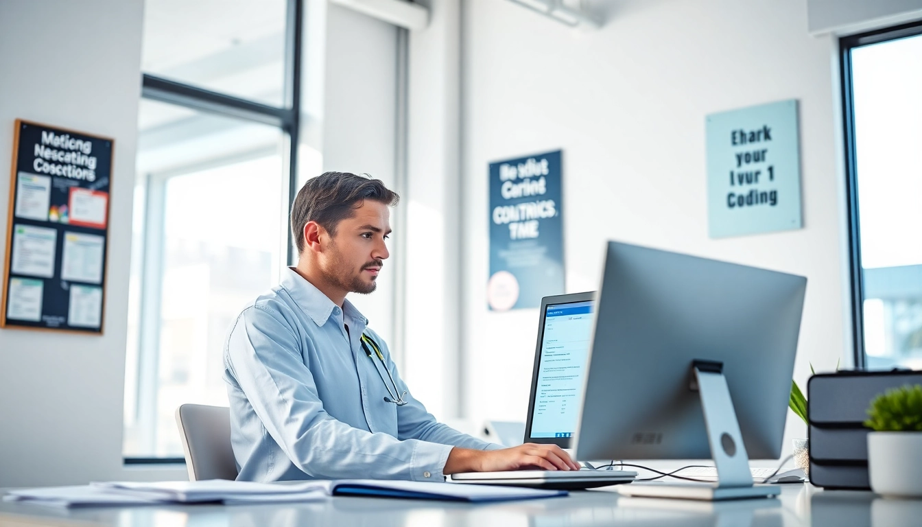 Illustration of a medical coding certification process in a modern office environment.