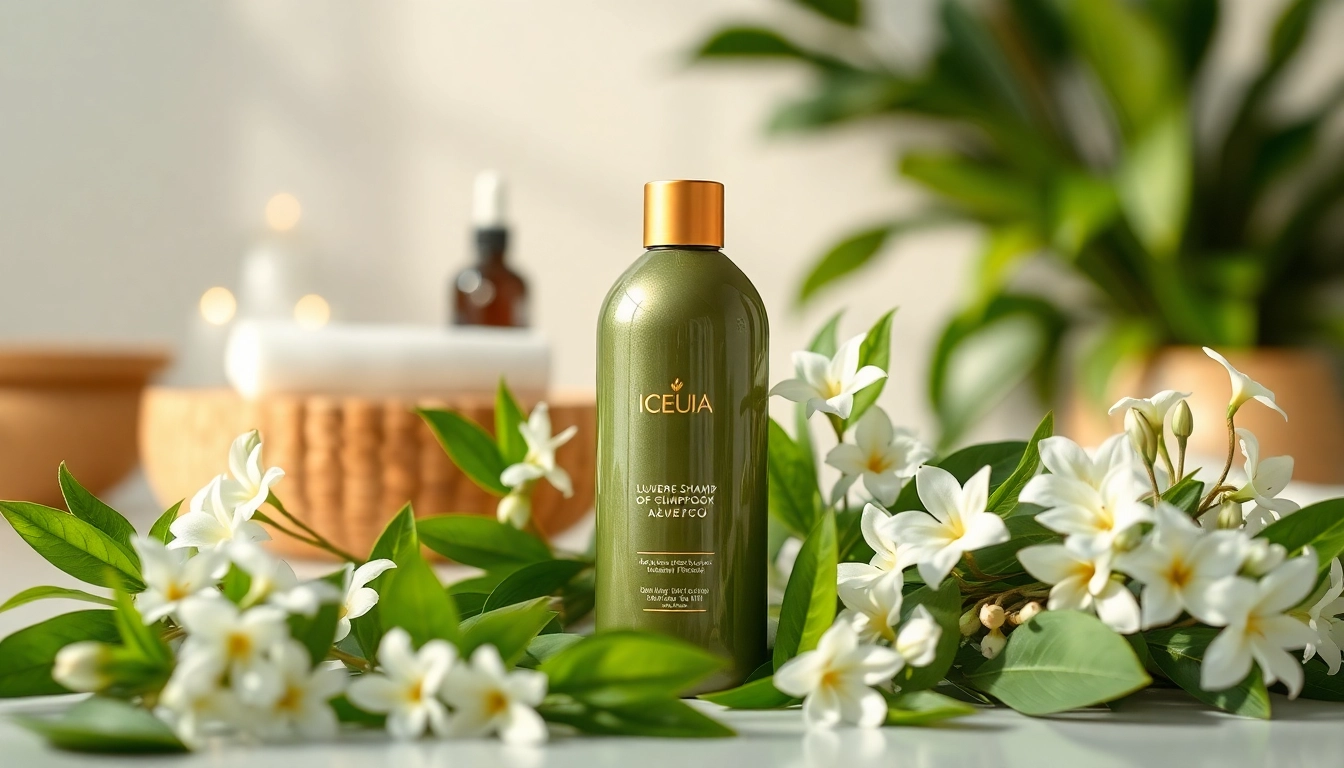 Promote shampoo for alopecia with a modern bottle and calming spa elements.