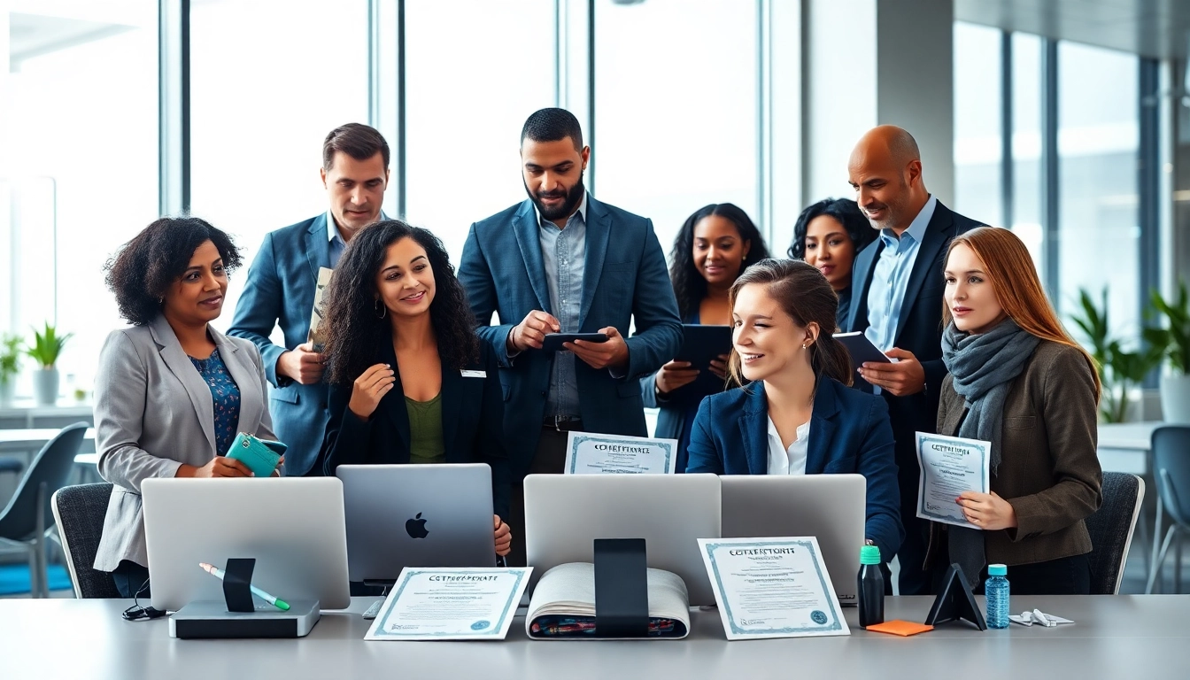 Highlight cybersecurity certifications through professionals collaborating in a modern office.