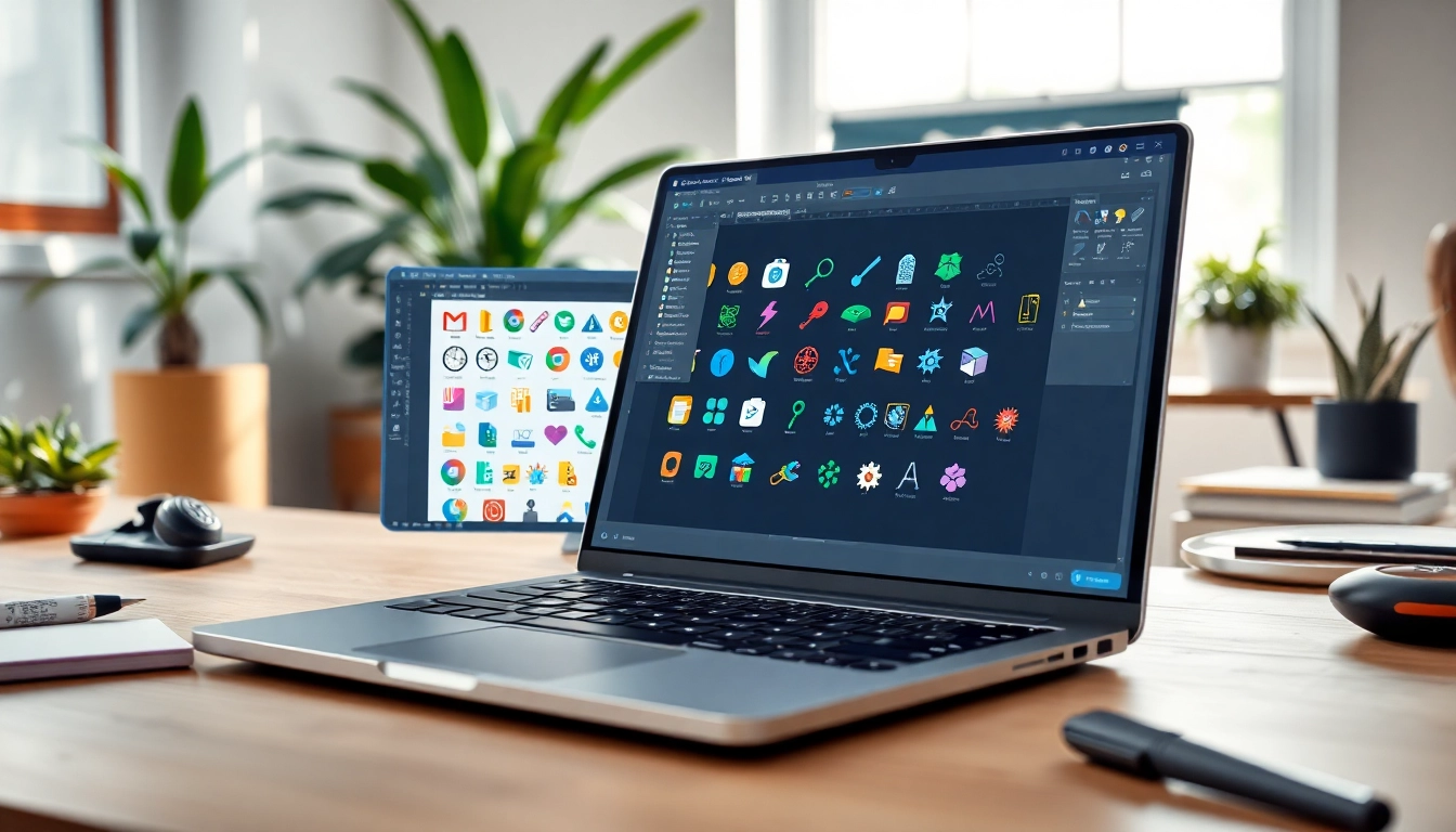 Graphic designer using vibrant icons for creative projects in a modern workspace.