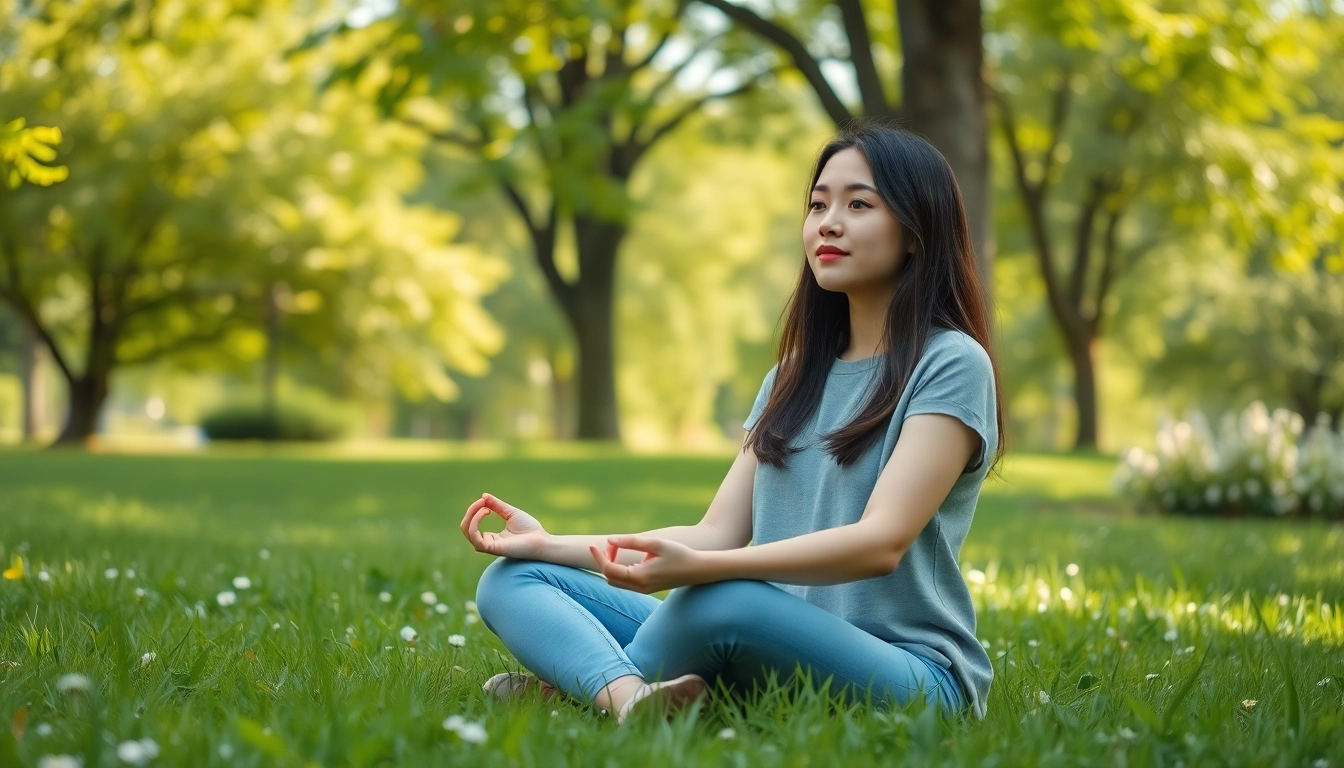 Practicing mindfulness outdoors to deal with stress, illustrating tranquility and relaxation.