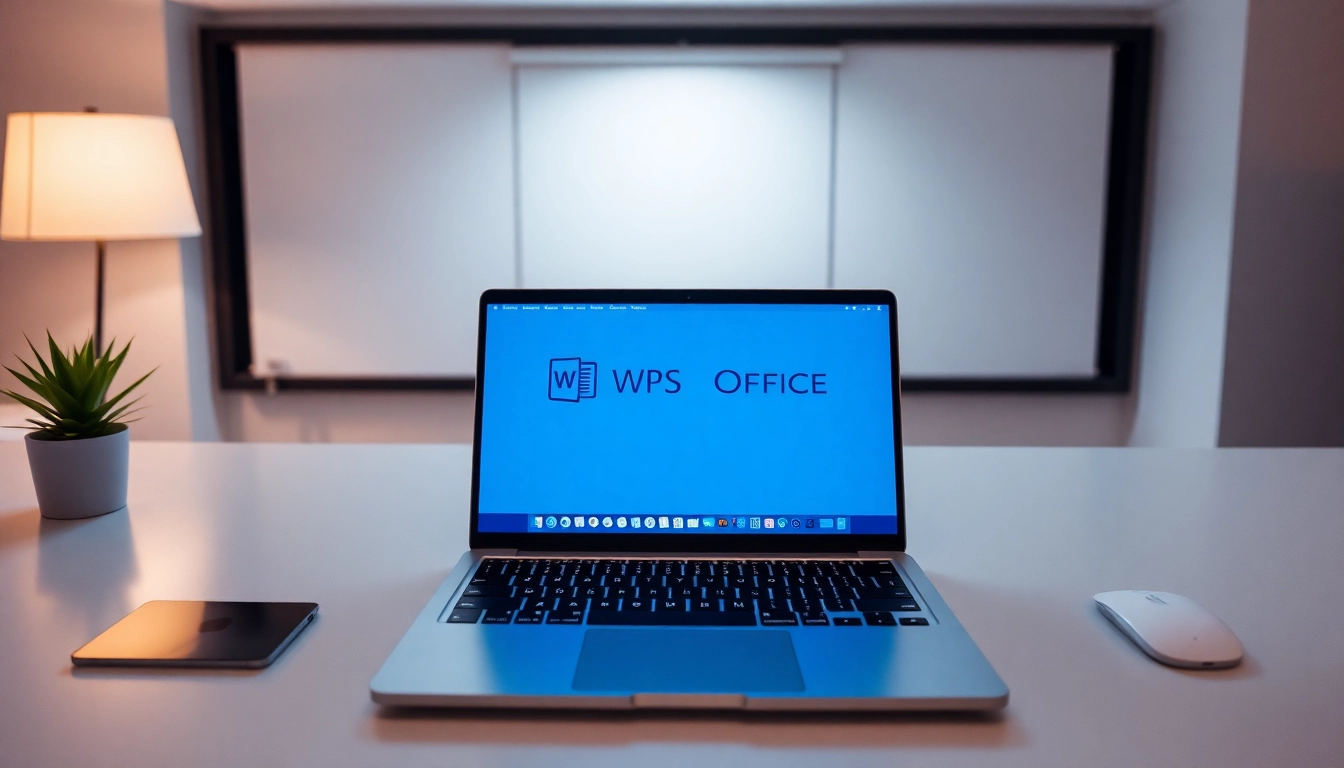 Download WPS Office from this sleek modern workspace setup with a laptop display.