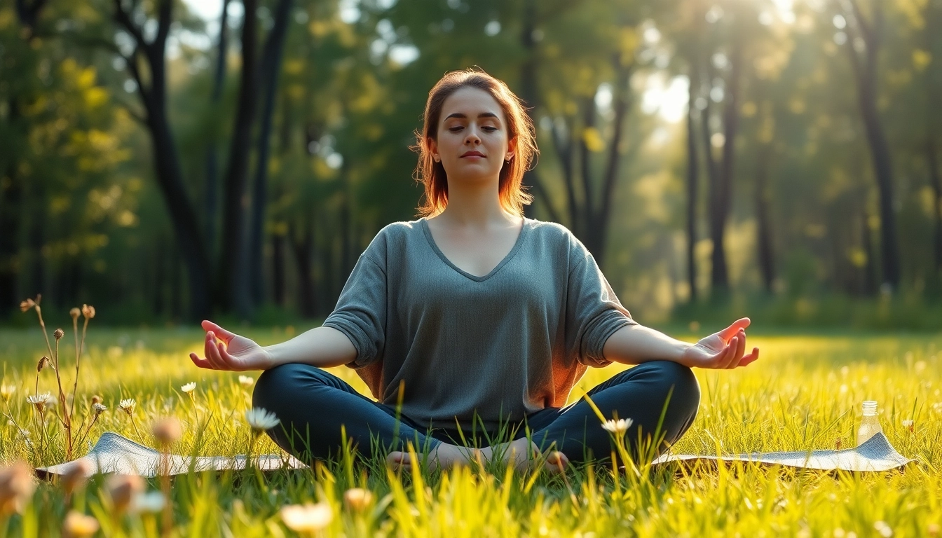 Practicing mindfulness while dealing with stress in a peaceful outdoor setting.