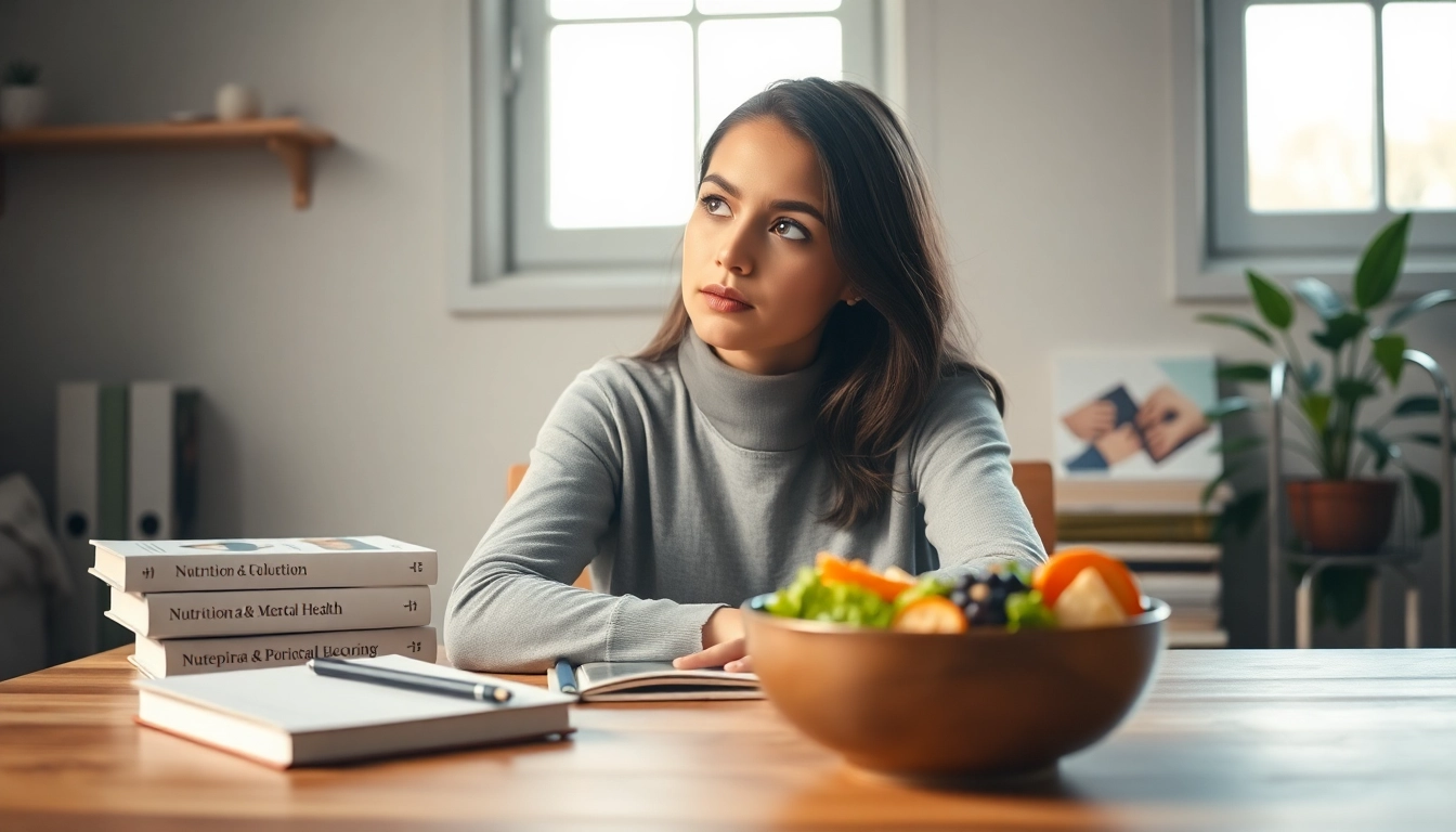 Understanding what is anorexia through the thoughtful illustration of a woman with healthy food and books.
