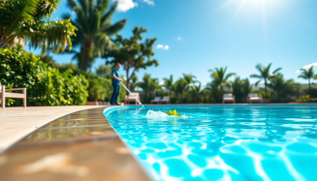 Trustworthy pool cleaning service near me, showcasing a professional technician maintaining a sparkling pool.
