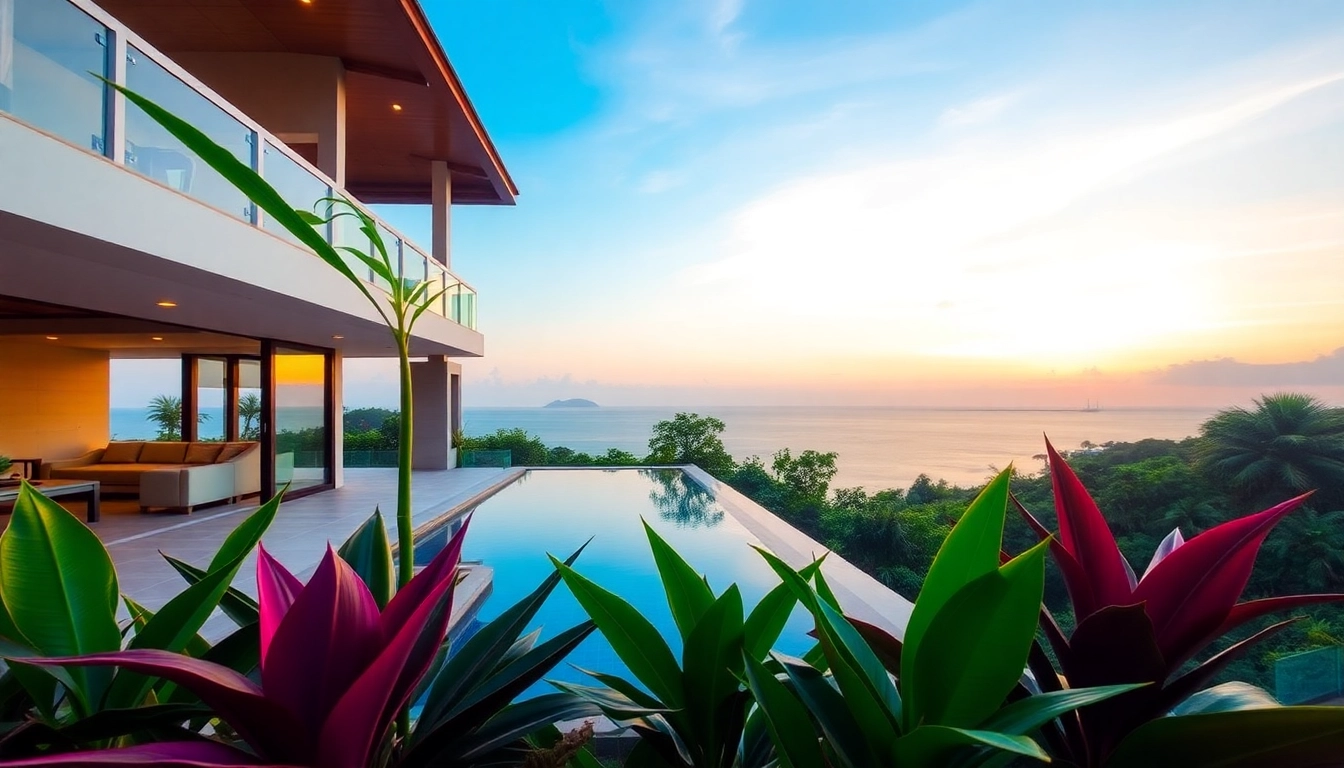 Phuket real estate agents showcasing stunning villa with sea view in vibrant tropical setting.