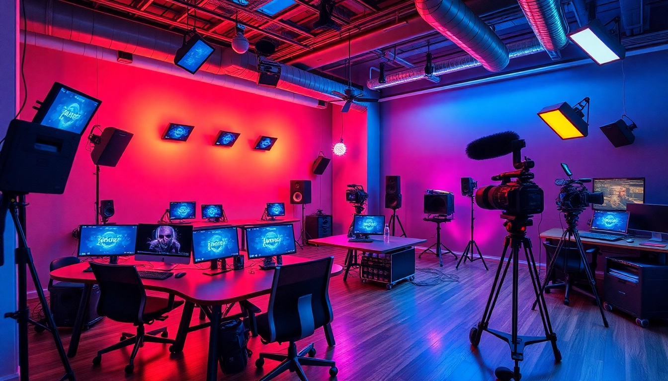 Engaging 영상제작 workspace highlighting creativity and collaboration with vibrant lighting and equipment