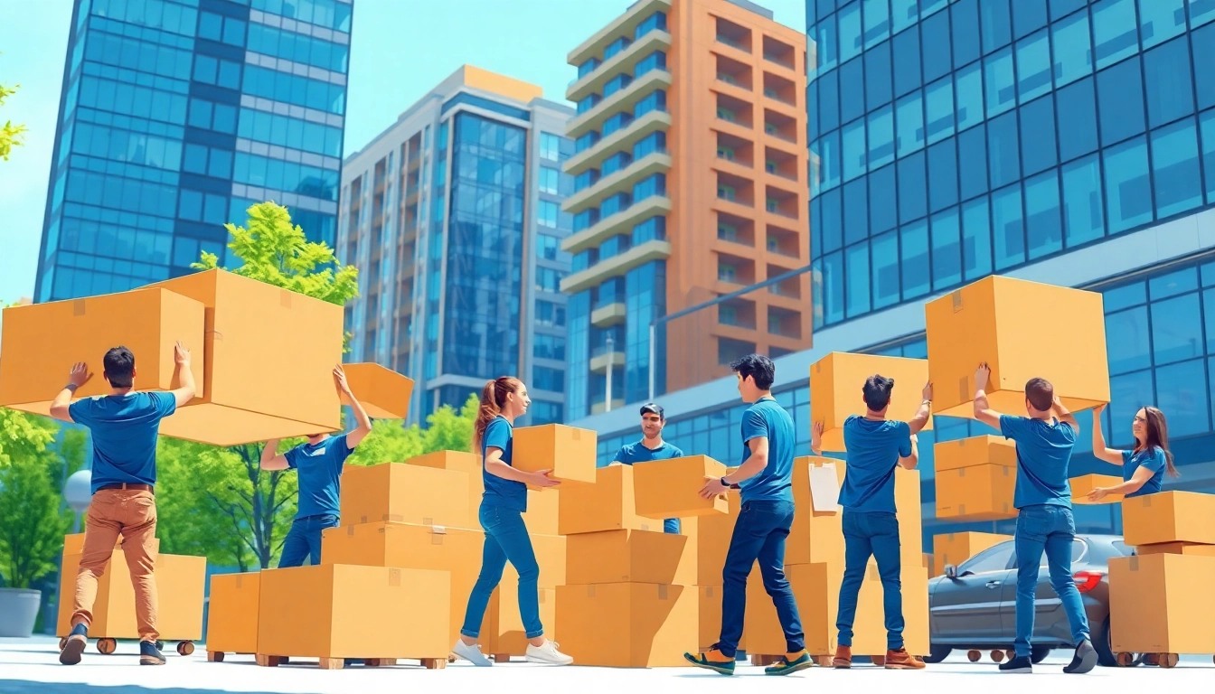 Professional movers executing house moves efficiently amidst a bustling city backdrop.