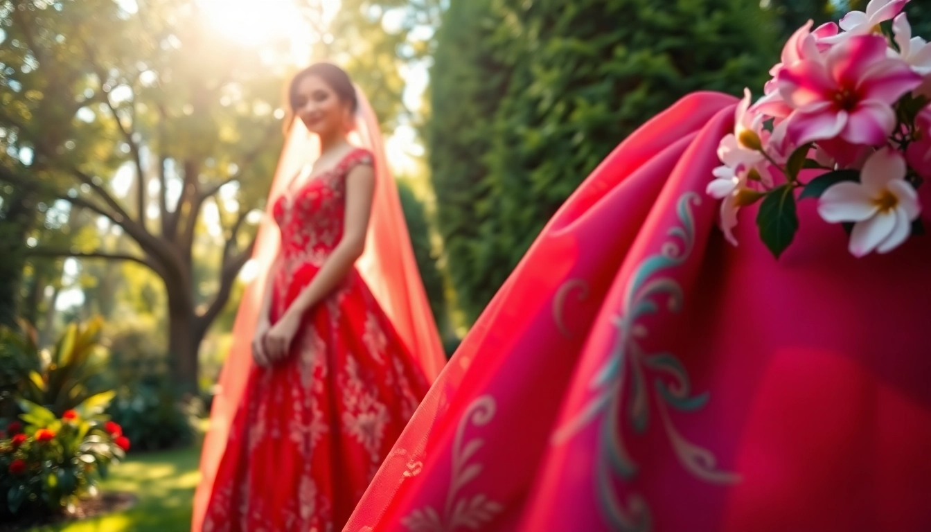 Bridal scene with a bride showcasing her stunning Coloured Wedding Dress amidst a vibrant garden backdrop.