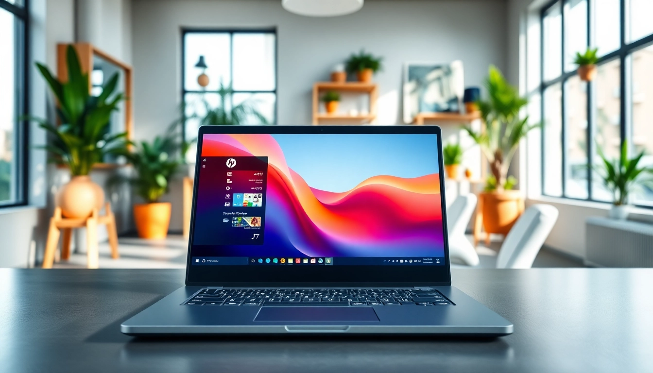 Showcase of a professional HP Laptop on a modern desk in a bright office setting.