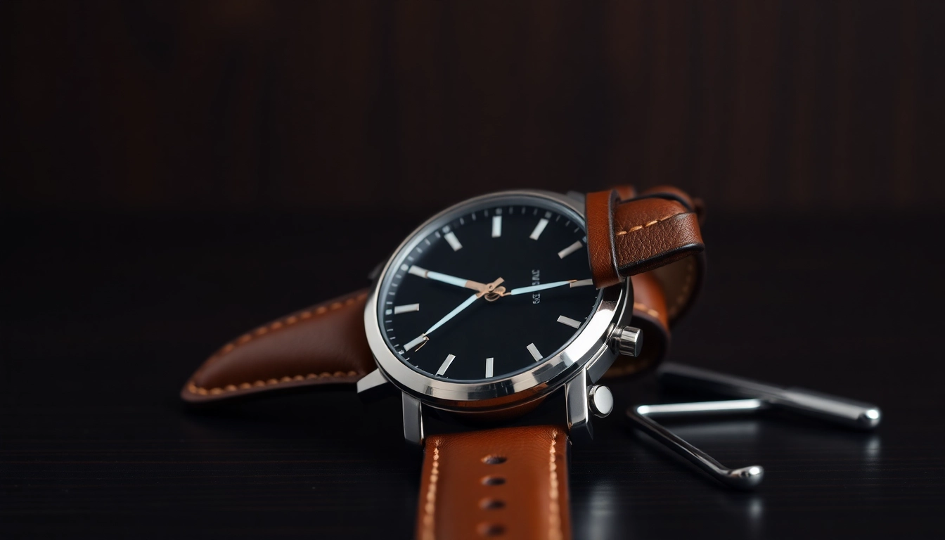Examine the luxurious 18mm watch strap showcased on an elegant watch against a dark wooden backdrop.