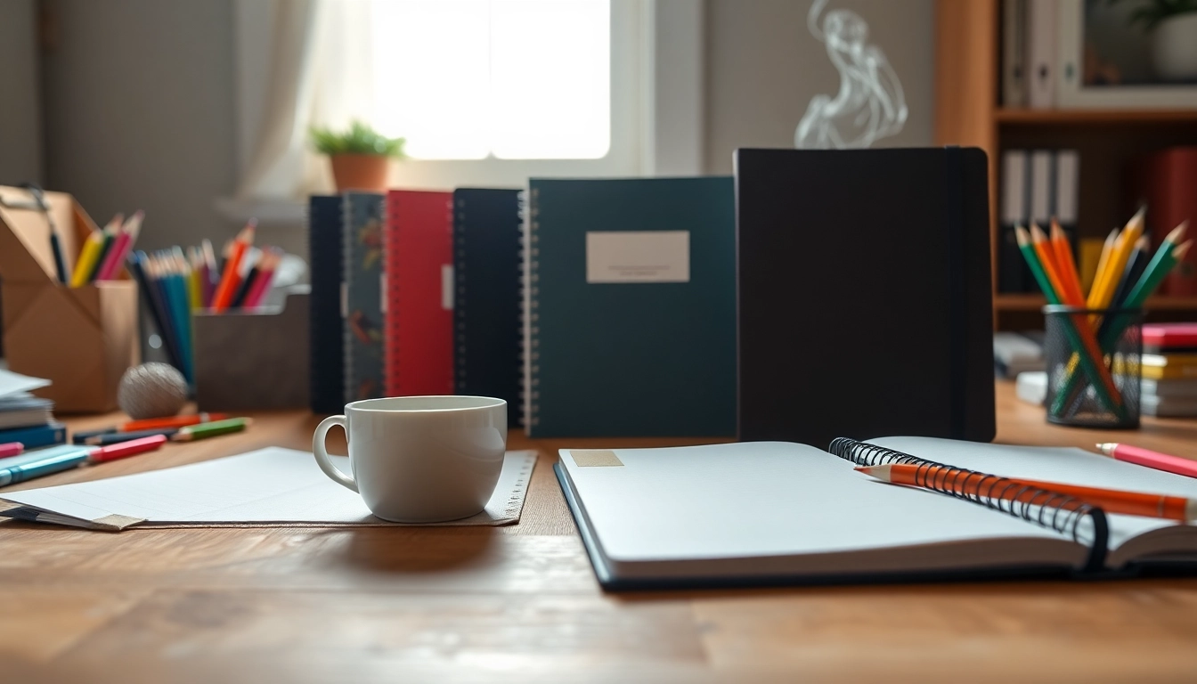 Showcasing custom notebooks with unique covers and elegant designs on a stylish desk.