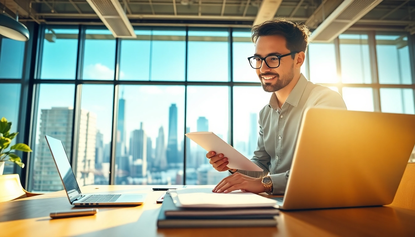 Launch Successful Startup planning in a bright office with skyline views and modern workspace elements.