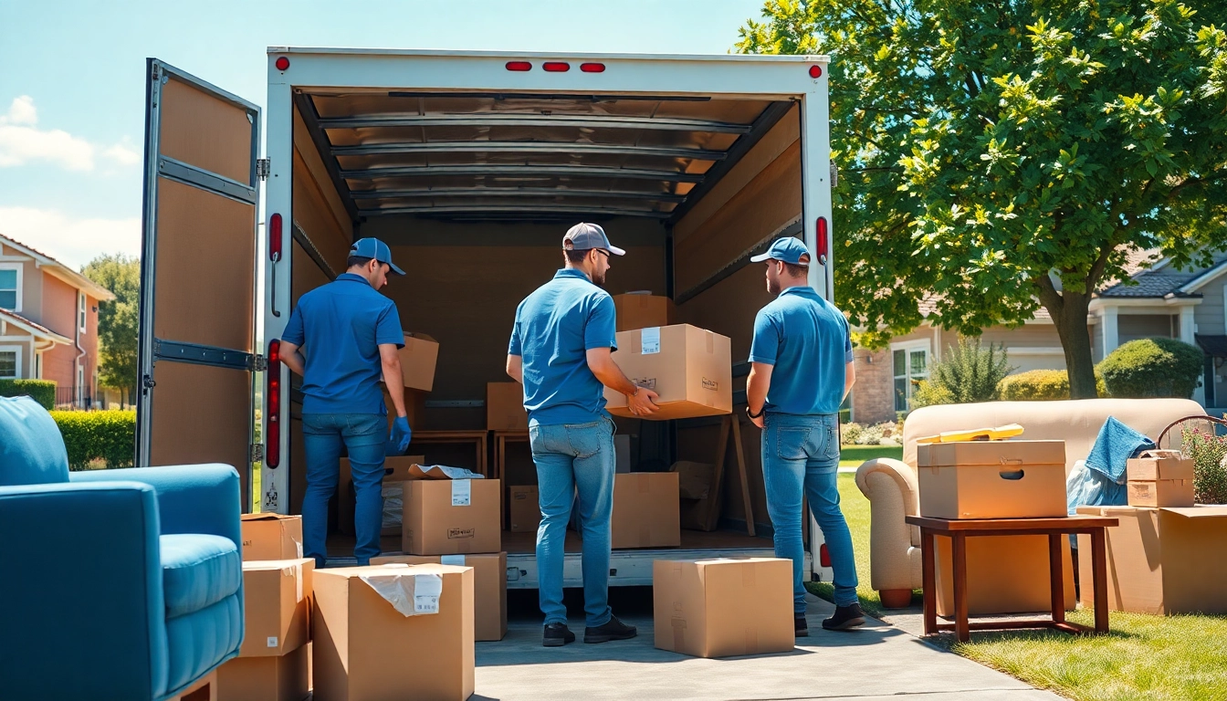 Movers from bennettsmoving efficiently packing a truck in a sunny outdoor setting.